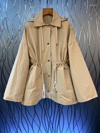 Women's Trench Coats 2023 Women Fashion High Quality Long Sleeve Lapel With Hat Waist Drawstring Slim Loose Medium Length Coat Jacket 1007