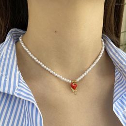 Pendant Necklaces Gothic Red Heart Halloween Imitation Pearl Necklace For Women Collar Stainless Steel Clasp Fashion Jewellery Locket