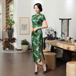 Ethnic Clothing Green Satin Flower Cheongsam Chinese Classic Women Sexy Qipao Elegant Short Sleeve Long Novelty Dress High Quality 3XL