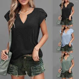 Women's Blouses Women Hollow Petal Short Sleeve Tee Shirts Oversize Loose Deep V-Neck Solid Color Blouse Lady Black Breathable Shirt