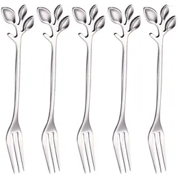 Forks Stainless Steel Fork Leaf-Shaped Handle Dessert Fruit Salad Kitchen Accessories. Silver 5 Items