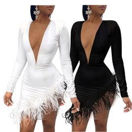 Women Solid Plunge Fluffy Irregular Party Dress Irregular Bodycon Mini Dress Fashion Casual Style Black and White300Z