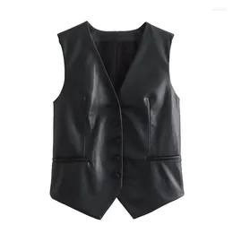 Women's Vests YENKYE Fashion Women Black Chic Faux Leather Vest V Neck Sleeveless Female Waistcoat