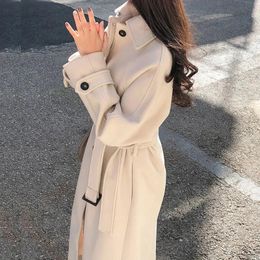 Women's Wool Blends Winter Korean Women Faux Woolen Coats Fashion Elegant Solid Belt Thickening Long Jacket Female Loose All Match Blends Outwear 231026