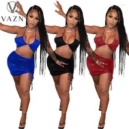 Work Dresses VAZN 2023 Summer Style Solid Young Sexy Beach Open Little Chap Bikini Top High Waist Mini Skirts Skinny Women 2 Piece Set