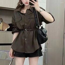 Women's Blouses Lapel PU Leather Shirt Women Casual Loose Slim Fashion Jacket 2023 Autumn Korean Chic Lace-up Long Sleeve All-match Blouse