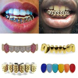 18K Gold Teeth Braces Punk Hip Hop Multicolor Diamond Custom Bottom Teeth Grillz Dental Mouth Fang Grills Tooth Cap Vampire Rapper261z