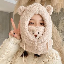 Berets Cartoon Bear Ear Lamb Beanie Hat With Mask Warm Winter Thickened Protection Autumn Skullies Beanies For Women Girl 2023