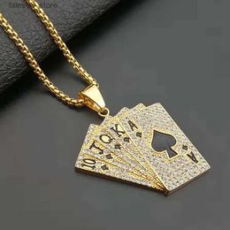 Pendant Necklaces Hiphop Iced Out Playing Card Straight Flush Pendant With Stainless Steel Chain Men's Necklace Golden Jewellery Dropshipping Q231026