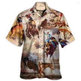 Men's Casual Shirts Western American Printed Shirt 3d Horse Short Sleeve Tops Vintage Oversized Male Clothes Cuba Collar Blouse