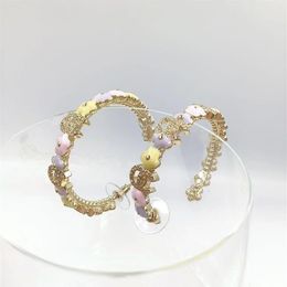 18k gold plated rhinestone hoop earrings Alluring purple light pink flower form Fashion brand designer earrings for women weddi204g