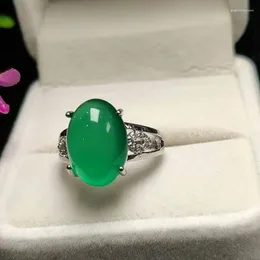 Cluster Rings Natural Green Chalcedony Hand-carved Water Drop Ring Fashion Jewellery Women 925 Silver Inlaid Agate Opening Adjustable