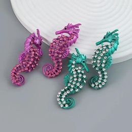 Stud Earrings Trendy Metal Green Seahorse-shaped Women Personalized Exaggerated Rhinestone Hollow Animal Ear Studs Party Jewelry