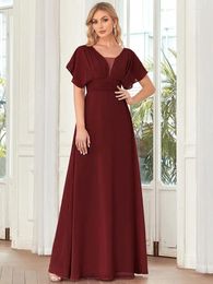 Party Dresses Elegant Evening Double V-neck A Flowy Skirt And Ruffle Sleeves 2023 Ever Pretty Of Chiffon Burgundy Bridesmaid Dress