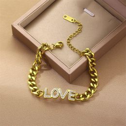 Hip Hop Style Micro Pave Lover Charm Bracelet Stainless Steel Cuban Link Chain Bracelets Bangle Jewellery for Lovers Gift