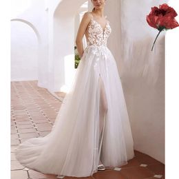 Sexy V Neck Wedding Dresses Bohemian Side Split Lace Backless Bridal Gownss Robe de Custom Made