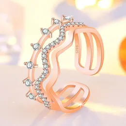 Cluster Rings Unique Design Multi-layer Wave Zircon Crystal Opening Ring Rose Gold Silver Colour Wedding Jewellery Gift Bijoux