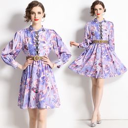 Elegant Print Purple Mini Dress with Belt Women Designer Puff Sleeve Stand Collar Party Ruched Flare Dresses 2023 Autumn Winter Vacation Runway Slim A-Line Frocks