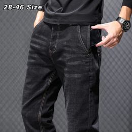 Mens Jeans 42 44 Plus Size Autumn Winter Classic Black Gray Baggy Straight Trousers Elasticity Casual Denim Pants Clothes 231025