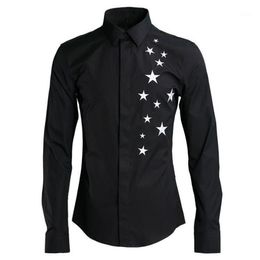Original Design Long Sleeve Pentagram Embroidered Mens Dress White Black Slim Fit Casual Shirt Men 4XL1257U