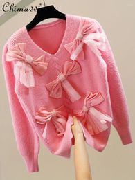 Women's Sweaters Fashion Handmade Beaded Bow Solid Colour Stitching Loose-Fit Long Sleeve Sweater Casual Loose Sweet Pullover Y2k Knitted