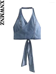 Women's Tanks XNWMNZ Fashion 2023 Denim Surplice Top Vacation Style Halter Neck Open Back Tie Female
