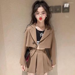Clothing Sets 2023 Girl Long Sleeve Coat Pleated Skirt 2pcs Spring Autumn Casual Suits Teenage Clothes 4-16 Years Wz1016