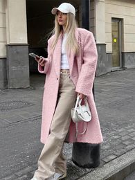 Women's Wool Blends Pink Lapel Woolen Overcoat For Women Loose Long Sleeve Pocket Warm Coats Autumn Winter Lady Fashion Street Outerwear 231025