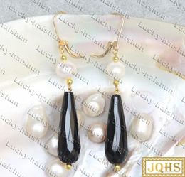 Stud Earrings Dangle 2.5" 10 30mm Round White Pearls Drip Black Agate Hoop