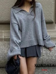 Women's Sweaters KONDALA Chic Solid Grey Long Flare Sleeve Women Sweater Fashion 2023 Winter Town-down Collar Oversized Pullover Vintage