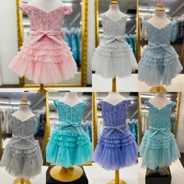 Baby Girls Glitz Pageant Dress 2024 Layer Tulle Lace Cupcake Pageant Cocktail Party Gown Flower Girl Toddler Infant Little Miss Lilac Pink Aqua Interview Fun Fashion