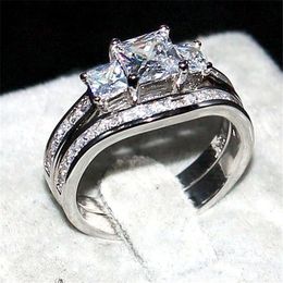 Retro silod 10KT White gold filled Square Three-stone Simulated Diamond CZ Ring Set 2-in-1 Wedding Bride Rings for Women Size 5-10234K