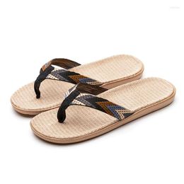 Slippers Men Linen Flip Flops Striped Ribbon Sandals Flat Non-Slip Slides Home Women Casual Beach Shoes Pantoufle Homme