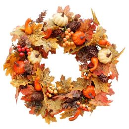 Christmas Decorations 50cm Autumn Wreath Decoration Artificial Maple Leaves Pumpkin White Fruits Tree Root Garland Halloween Decor 231025