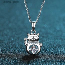 Pendant Necklaces Silver 0.3 Excellent Cut Diamond Test Past D Color High Clarity Moissanite Money Cat Necklace 925 Jewelry Q231026