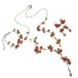 Fashion Sweet Vintage Jewellery Red Acrylic Bead Cherry String Long Necklace Bracelet Earring Jewellery Set Whole 10 Sets279z