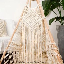 Tapestries Hand-woven Macrame Tapestry Tent With Wooden Stick Holder Kids Cotton Rope Net Pography Bohemia Decoration