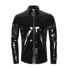 Men's Vests Spring Autumn Soft Paint Leather Coat Standing Neck Solid Bright Long Sleeve Jacket Elastic Tight Fitting Tops