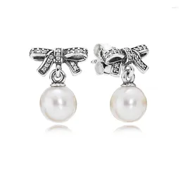 Stud Earrings Sparking Bow With Pearl 2023 Christmas Gift Sterling Silver Jewelry For Woman Party Making