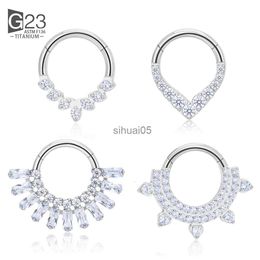 Stud ASTM F136 Titanium EAR PIERC Fan-shaped and side CZ Ring Hoop Nose Rings Hinged Clicker Earring Labret Tragus Body Piercing YQ231026