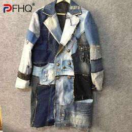 Men Blends PFHQ Autumn Patchwork Denim Worn Out Deconstruction Trench Coat Avant garde Double Breasted Techwear Windbreaker 21Z1042 231026