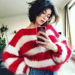 Women's Sweaters Spring And Autumn Red Stripe Long Sleeve Straight Neck Mohair Sweater Girls' Soft Knitwear Pullover