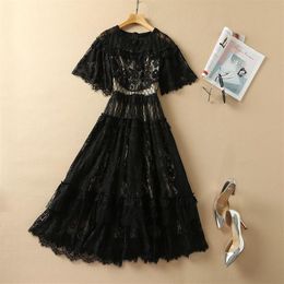 Casual Dresses European and American women's wear spring 2022 new With short sleeves Fashionable lace pleated black flounces 2523