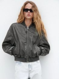 Women's Leather Faux Leather RR2497 Streetwear Faded-Effect Bomber Jackets Womens Vintage Short Cropped Faux Leather Jacket Women High Neck PU Leaher Coats 231026