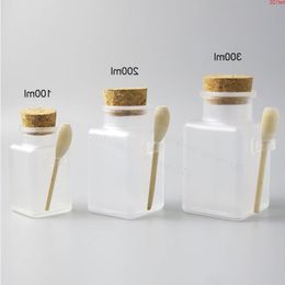 100 x Empty 100g 200g 300g square bath salt Bottle 200ml powder plastic bottle with cork jar wood spoongood Tkmul