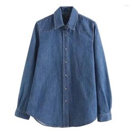 Women's Blouses 2023 Fashion Chic Casual Denim Fabric Long Retro Sleeve Exquisite Metal Button Tops.