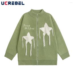 Men's Sweaters Five-pointed Star Towel Embroidery Knitted Sweater Mens Autumn Loose Long Sleeve Stand Collar Cardigan Outerwear Men