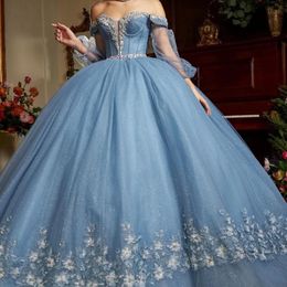 Luxury Sweetheart Sky Blue Shiny Quinceanera Dress Party Gown Princess Lace Appliques Beads Crystal Off The Shoulder For 16 Years