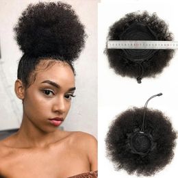 Lace Afro Kinky Curly tail Human Hair Buns Chignon Puff Drawstring For Black Women 231025