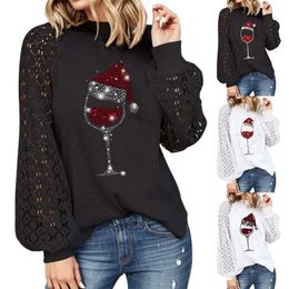 Women's Blouses 2023 Autumn Winter Christmas Hat Wine Glass Lace Splicing Blouse Black Womens Long Sleeve Sexy Year Party Fashion Tops Gifts